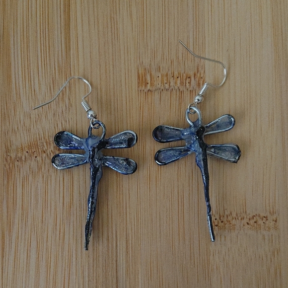 Handmade Blue Dragonfly Dangle Earrings - Local Vancouver Island Artist - Picture 3 of 5